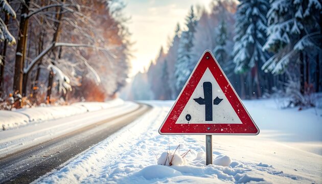 Snowy road with yield sign on a sunny winter day, trees line the sides, and horizon leads down the road