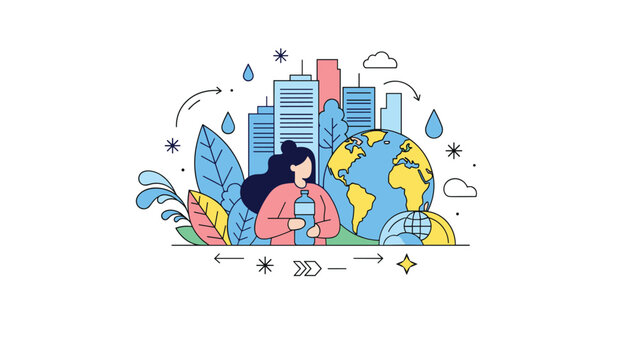 Environmental protection and water conservation are depicted with a woman holding a water bottle amidst a city skyline, globe, and nature.