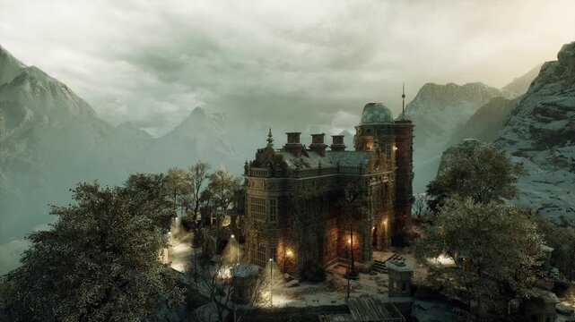 Stormy mountain citadel under heavy clouds, dark towers and battlements looming above windswept pines, distant lightning and rainslick stone amplify ominous