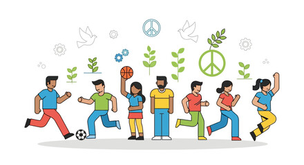 Diverse group of people engaging in various sports activities surrounded by peace symbols and leaves in a lively illustration © Avra