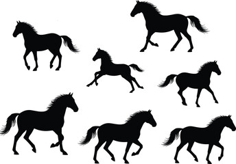 Black silhouettes set of wild horses galloping and running in various dynamic poses isolated on white background for equestrian sports and nature design.