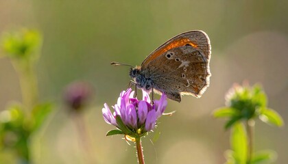 Obraz premium A butterfly with closed wings perched atop a purple clover flower, with a soft focus background