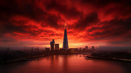 Fototapeta premium Sunset cityscape, dramatic sky, river, modern skyscraper, illuminated buildings