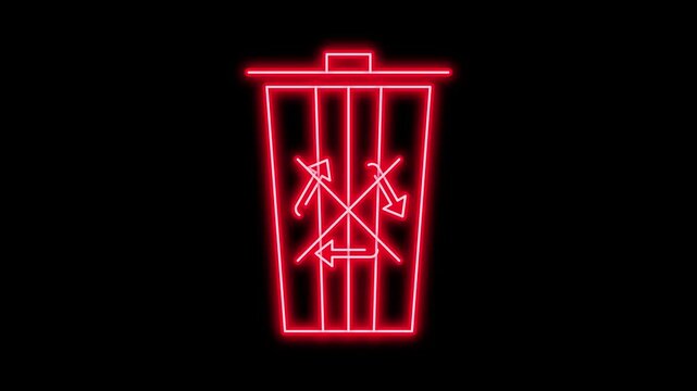 Animated neon red non-recyclable trash bin icon. 4K Video