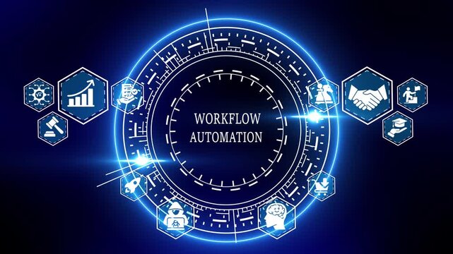 Workflow Automation Concept with Infographic and Glowing Blue Circle on Dark Background business process automation