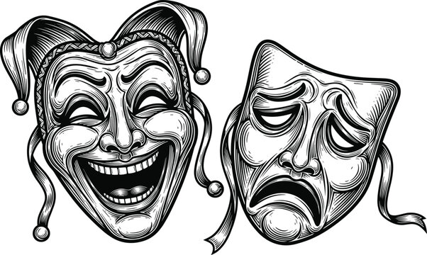 Classic theater drama masks comedy and tragedy vector illustration in hand drawn engraving sketch style isolated on white background for arts performance acting stage.