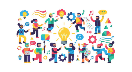 Fototapeta premium Diverse People Celebrating Innovation and Creativity with Bright Ideas Surrounding a Central Lightbulb Illustration