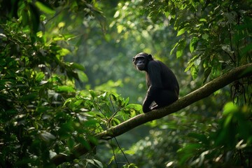 Bonobo perched on a tree in a dense tropical rainforest in the Democratic Republic of the Congo