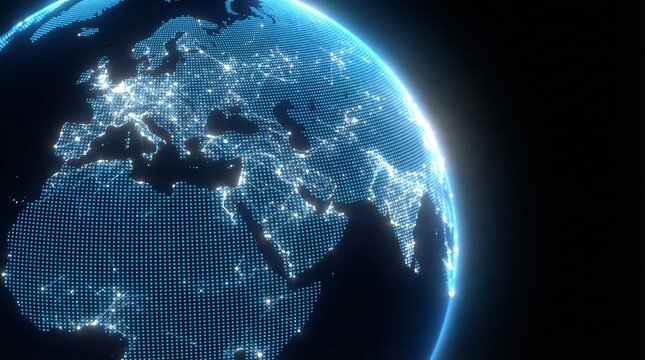 A stunning 3d illustration of the blue planet Earth glowing in the dark universe with city lights across the night continents and bright stars reflecting over the deep global ocean