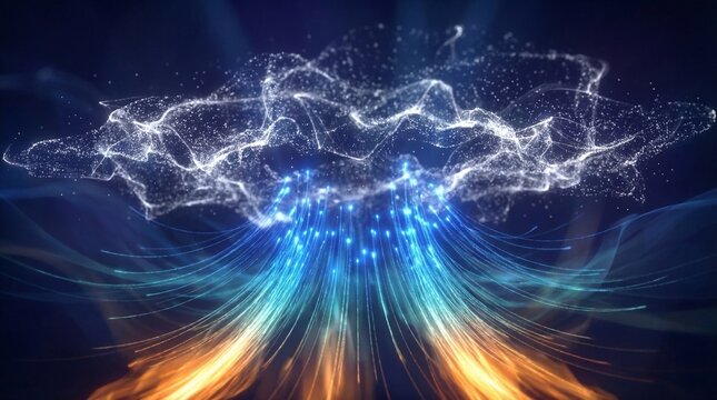 An abstract blue and light background features a glowing wave of energy and fractal motion, blending technology with a liquid water design and starry space art for a vibrant science backdrop