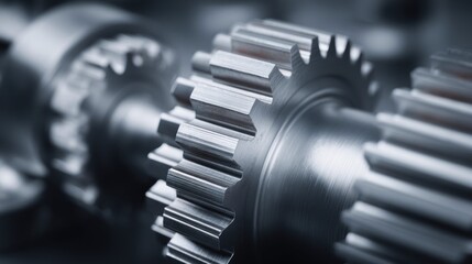 Fototapeta premium Close-up macro shot of interlocking metal gears in a mechanical system, showcasing precision engineering