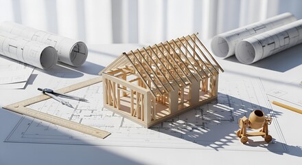 Model house frame under construction on architectural plans with carpentry tools nearby viewed from a slight angle