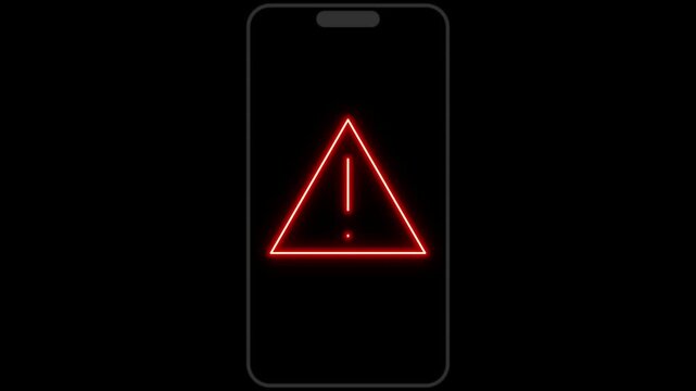 Red glowing warning triangle alert on smartphone. 4K Video