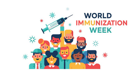 Fototapeta premium Diverse group of people celebrating World Immunization Week with a syringe and stars
