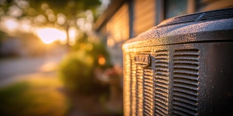 Fototapeta na wymiar Close-up of an air conditioning unit covered in dew drops at sunrise with golden light