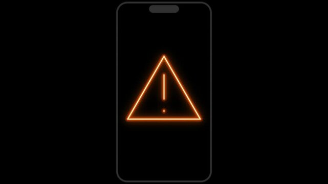 Neon warning triangle alert on smartphone screen. 4K Video