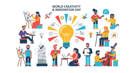 Creative Professionals Engaged in Artistic Activities around a Central Lightbulb Symbolizing Innovation on World Creativity and Innovation Day