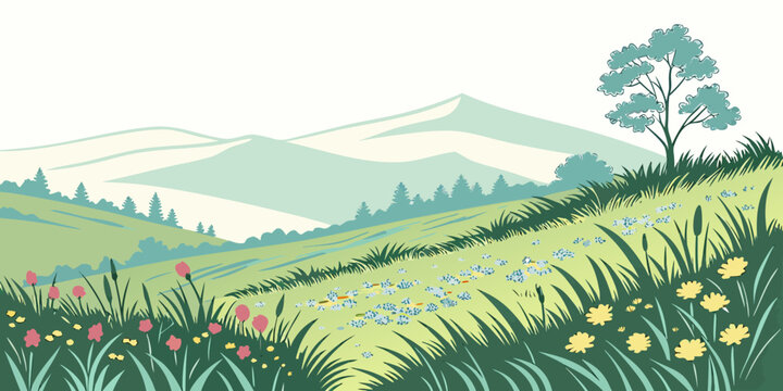 A picturesque landscape showcasing rolling hills and lush greenery under a clear blue sky Vector