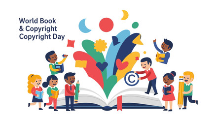 Fototapeta premium Children gathered around a large open book with colorful shapes and symbols emerging, celebrating World Book and Copyright Day