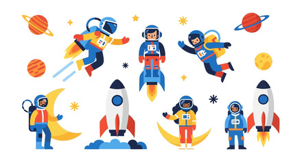 Astronauts floating in space surrounded by planets and stars in a whimsical illustration © Avra