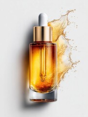 Naklejka premium Luxurious golden serum in a dropper bottle with a splash of liquid on a white background