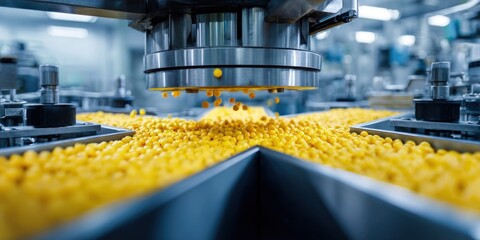 Naklejka premium Automated food production line processing crunchy yellow snacks on a conveyor belt