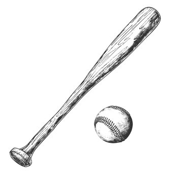 Baseball bat and ball in urban ink sketch style, featuring hand-drawn line art texture and classic sports equipment design. Perfect for sports branding, baseball team identity, and athletic posters.