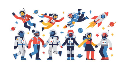 Fototapeta premium Diverse group of astronauts and people floating together in space surrounded by stars and rockets