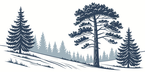 A serene winter landscape with tall pine trees standing in a snowy forest. Vector © ADOBE