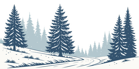 A serene winter landscape with snow-covered trees and a tranquil river Vector © ADOBE