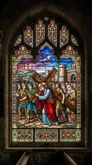 Jesus carrying cross stained glass church art

