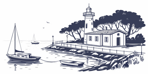 A serene coastal village with a sailboat anchored near the shore Vector © ADOBE