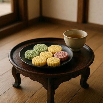 Colorful traditional Korean Dasik tea cookies on a small wooden Soban table in a Hanok setting.