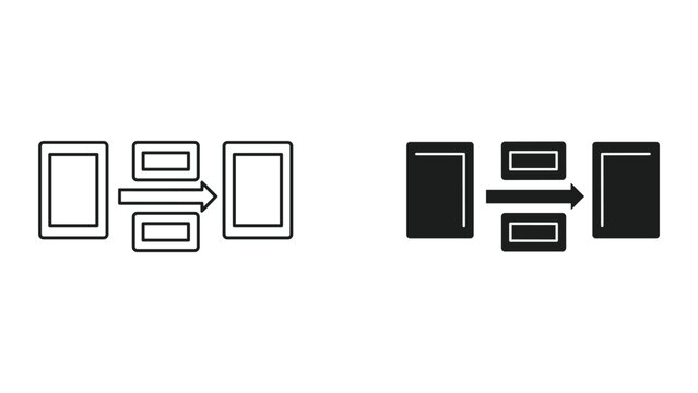 Document transfer icon, workflow process, data migration, input and output symbols, line and solid illustration