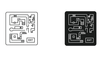 Maze Map with Exit Sign, Line Art and Silhouette Icons, Vector Illustration © SHAHRIYAR RASEL