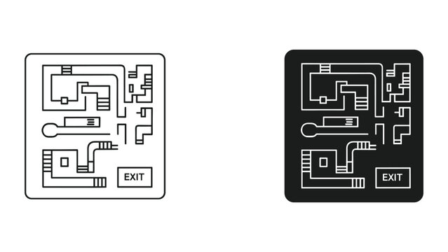 Maze Map with Exit Sign, Line Art and Silhouette Icons, Vector Illustration