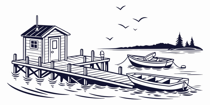 A picturesque village scene with a river, bridge, and distant mountains under a clear sky. Vector