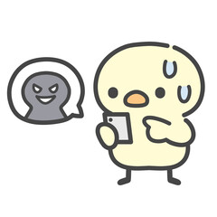 悪意のあるメッセージに不安になるスマートフォンを見るひよこの手描きイラスト © Nitomaru
