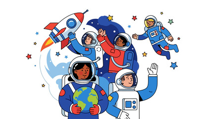 Diverse astronauts floating in space with rockets and stars surrounding them in a vibrant illustration © Avra