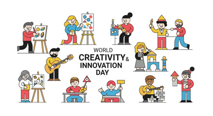 Naklejka premium Celebrating World Creativity and Innovation Day with Artists at Work in a Vibrant Studio Environment from a Bird's Eye View Whisk_f24d896d239b25fafa6410842b5d5ba5dr.eps