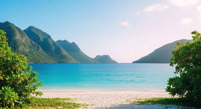 Exotic Caribbean paradise view featuring clear blue ocean, white beach, lush coastal foliage, and scenic mountains, travel, nature, green