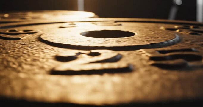 Close-up of a metallic surface with engraved numbers and circular patterns.