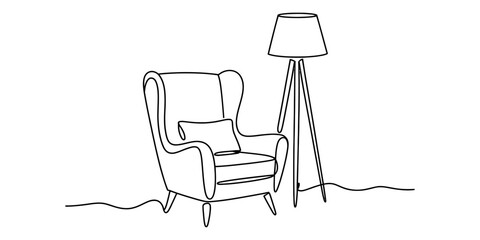 Fototapeta premium Line drawing of armchair with pillow and standing lamp