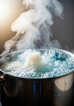 Vigorous boiling of white rice grains in water inside a metal cooking pot, creating steam and bubbles. Essential process for cooking staple carbohydrates, cooking, carbohydrate, domestic