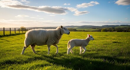 Fototapeta premium A fluffy sheep and its lamb stroll across a sun-drenched grassy field under a clear blue sky