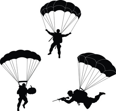 Military paratrooper silhouettes parachuting airborne soldiers tactical army skydiving combat mission landing operation concept