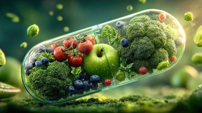 Healthy capsule filled with fresh fruits and vegetables symbolizing natural supplements