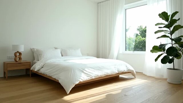 Serene White Bedroom with Natural Light and a Fiddle Leaf Fig Tree