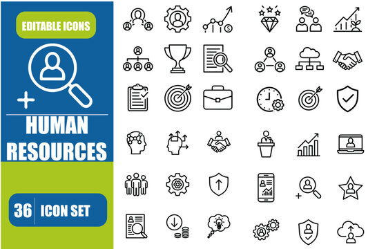 Human resources icon collection set. Containing employee, work, organization structure, business, industry, cycle economy, hr, concept icon. Simple flat vector.
