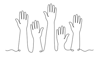Fototapeta premium Raised hands one line art, hand-drawn group of hands continuous contour drawing, voting democracy participation, business teamwork support, volunteer community unity collaboration, choice engagement